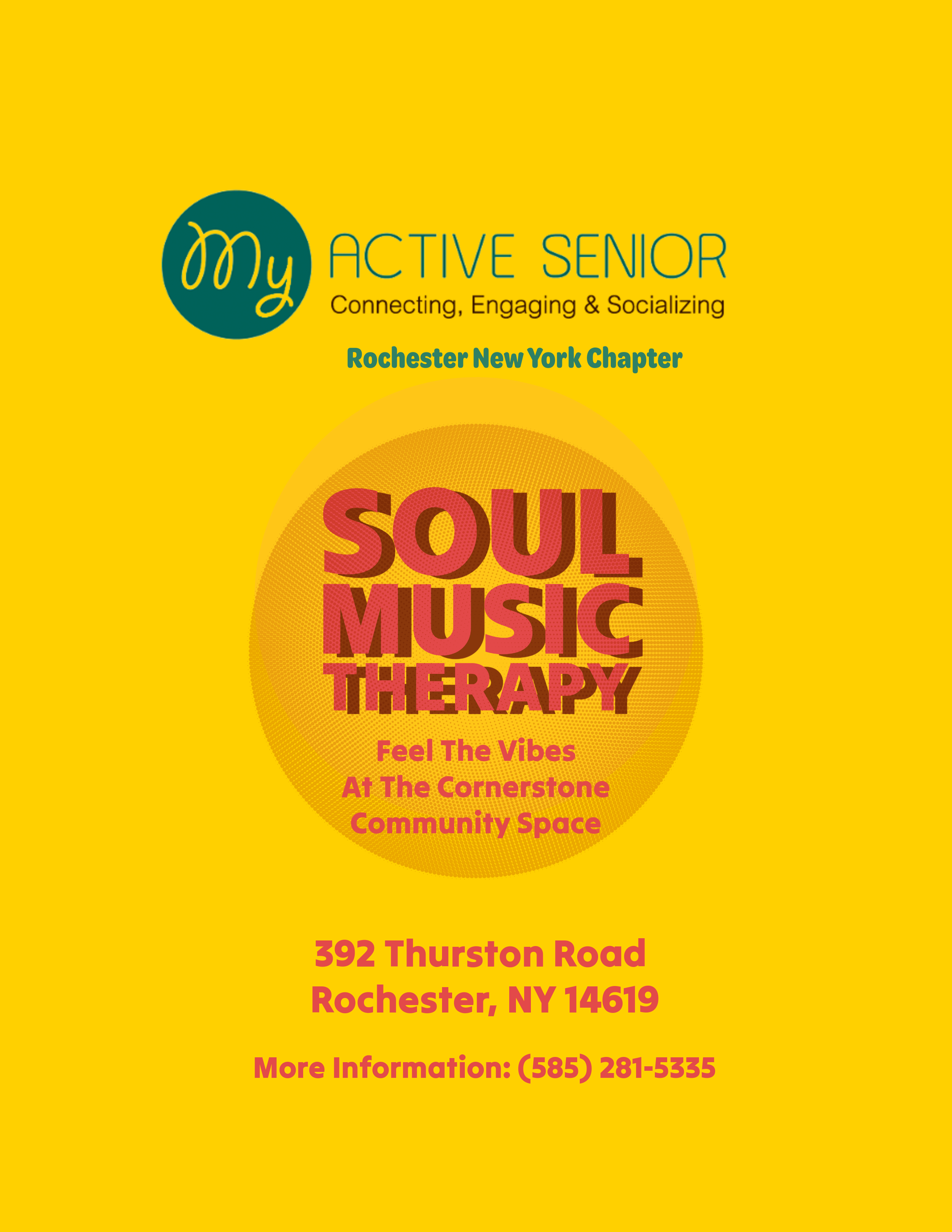 Flyer for Soul Music Therapy at The Cornerstone Community Space, Rochester NY. Includes a location address, phone number, and event details.