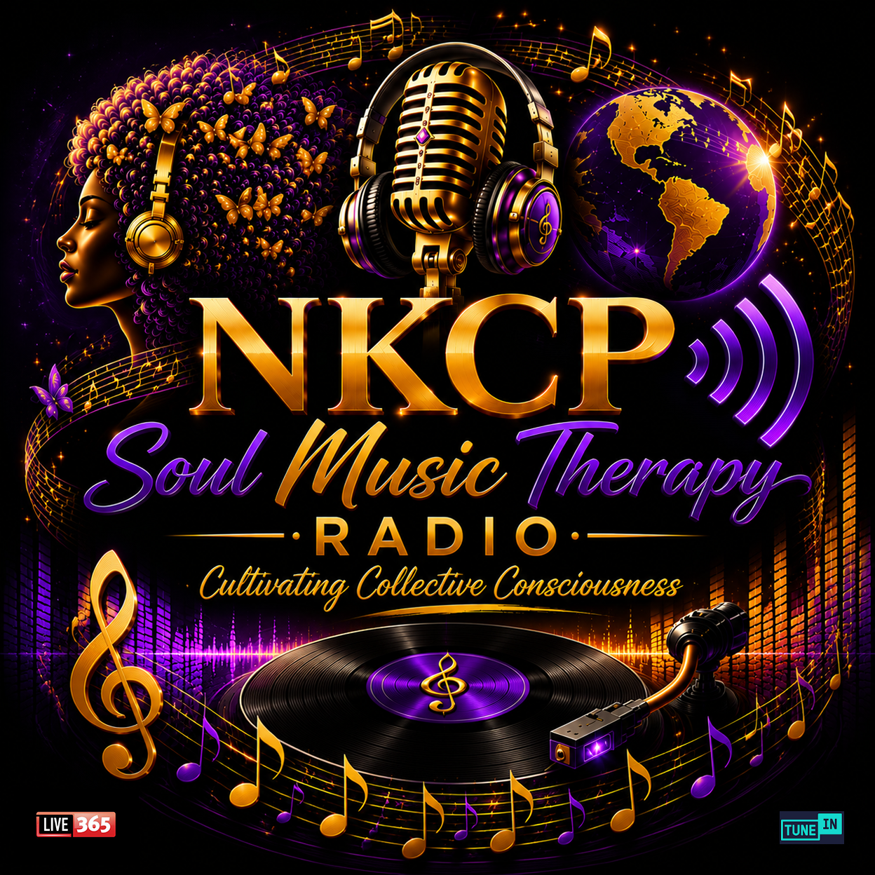 Digital graphic promoting NKCP Soul Music Therapy Radio featuring a woman with purple curly hair, golden butterflies, a vintage microphone, a world globe, musical notes, a vinyl record, and colorful sound waves.
