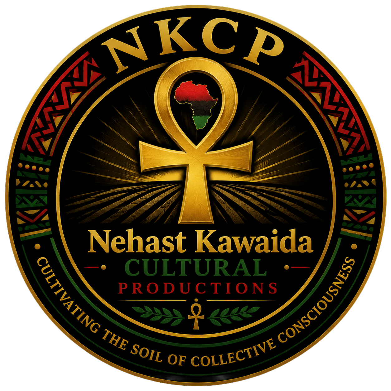 Logo for Nehast Kawaida Cultural Productions featuring an ankh symbol with a map of Africa in red, black, and green atop it, and text emphasizing cultural cultivation and collective consciousness.