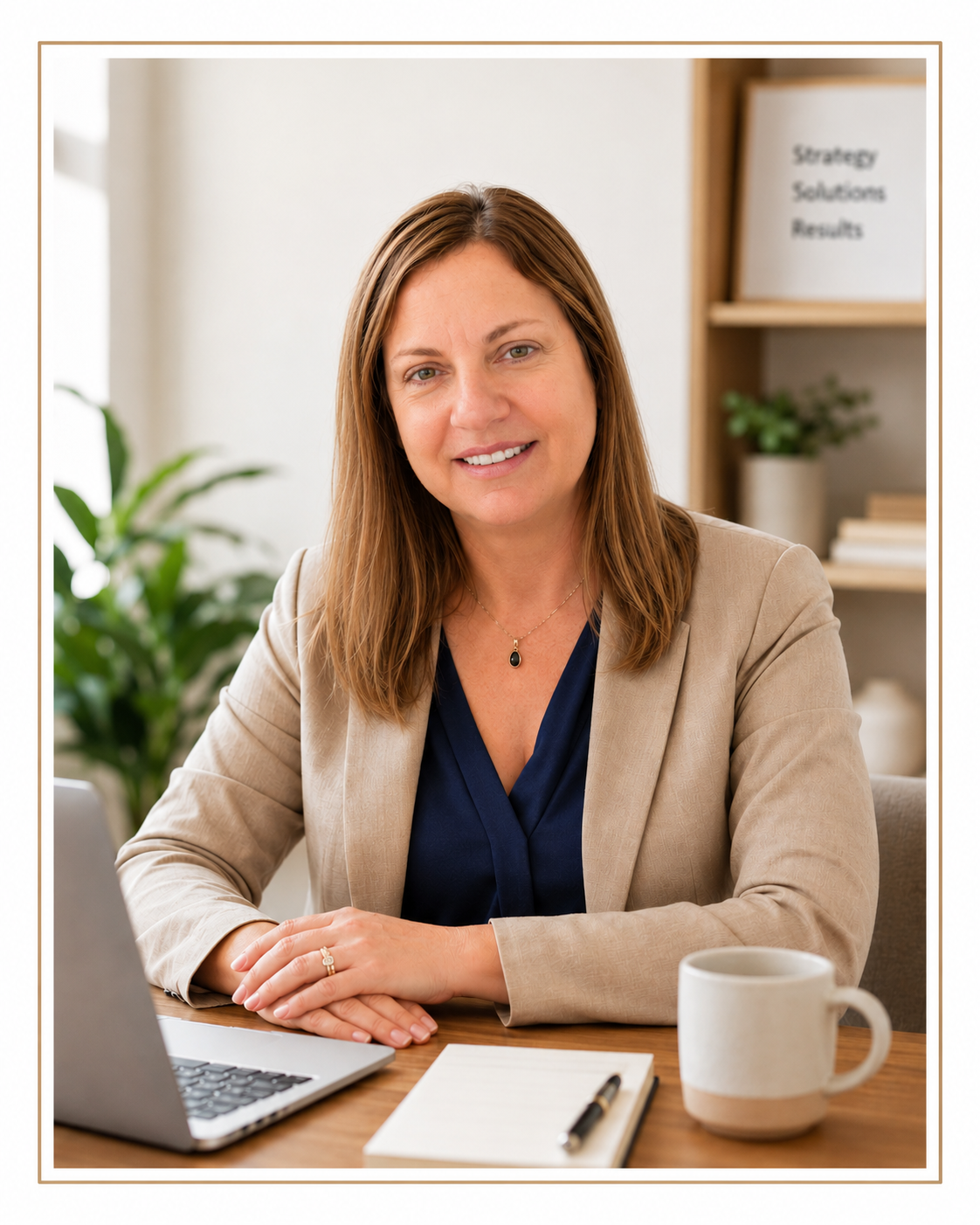 A woman with shoulder-length brown hair wearing a beige blazer and navy blouse, sitting at a desk with a laptop, notebook, pen, and coffee mug, in a well-lit office with plants and a shelf with files labeled 'Strategy Solutions Results' in the background.