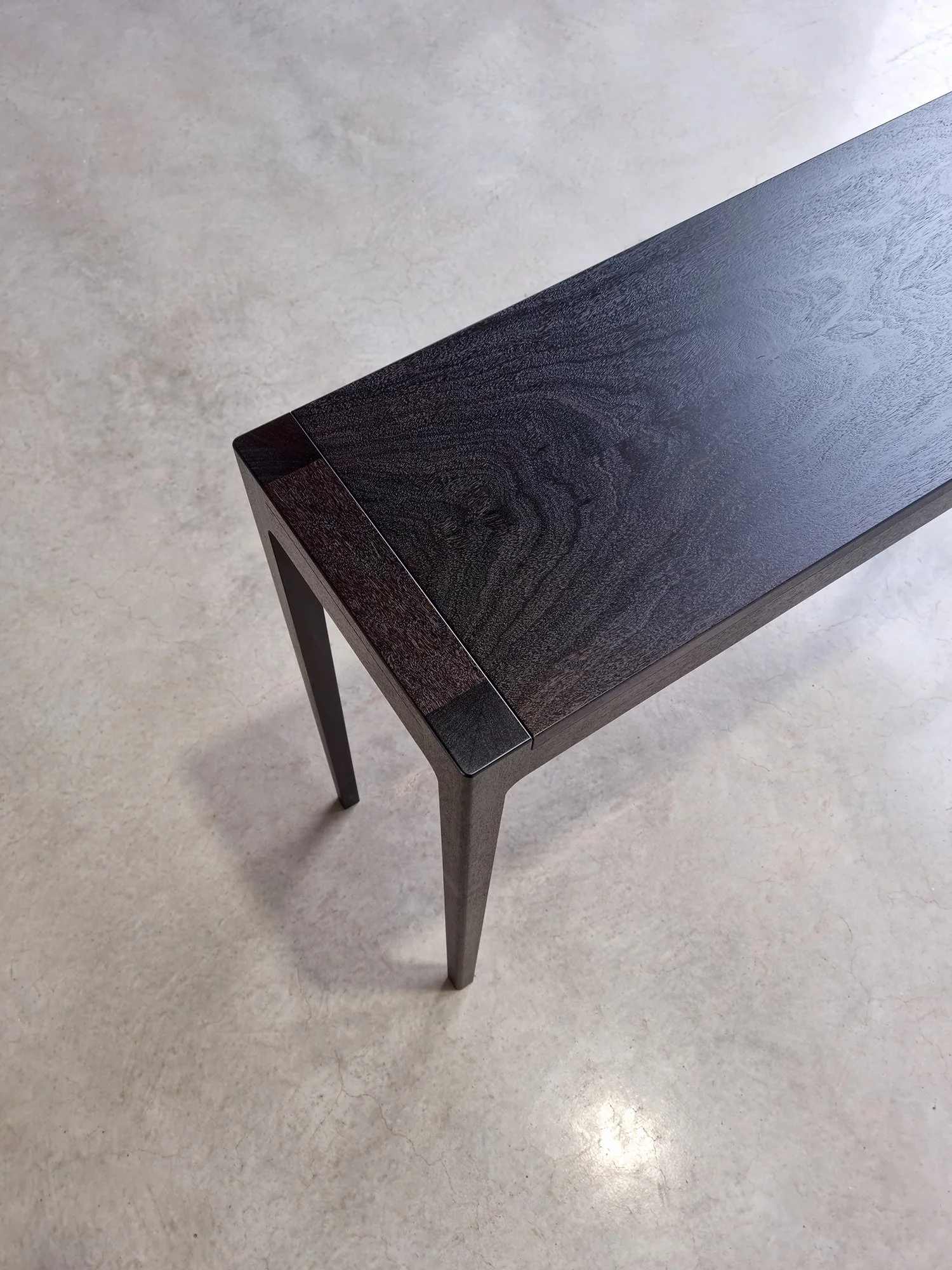 Louis Console in WA Blackbutt, close-up corner detail in ebonised finish - Nathan Day Design