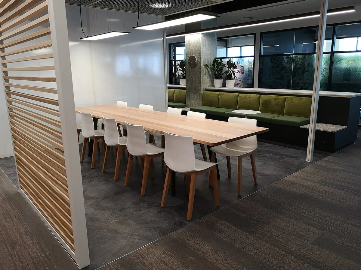 DWER custom furniture in WA Blackbutt - Nathan Day Design, casual dining table with mixed seating in bright breakout space