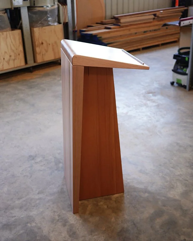 St John Midland Liturgical Furniture in salvaged Oregon Pine - Nathan Day Design, angled lectern with sloped reading surface in workshop