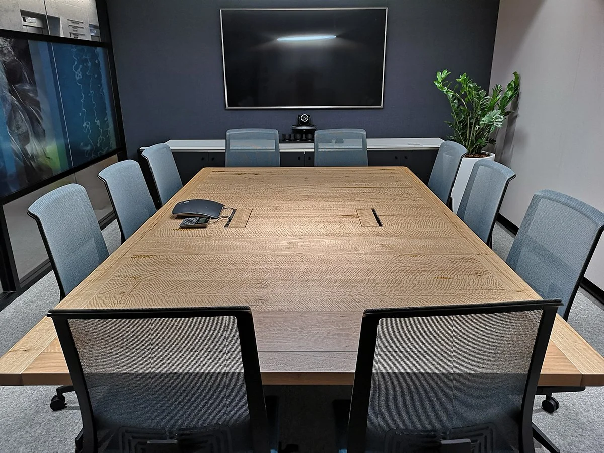 DWER custom furniture in WA Blackbutt - Nathan Day Design, small square meeting table with video conferencing screen