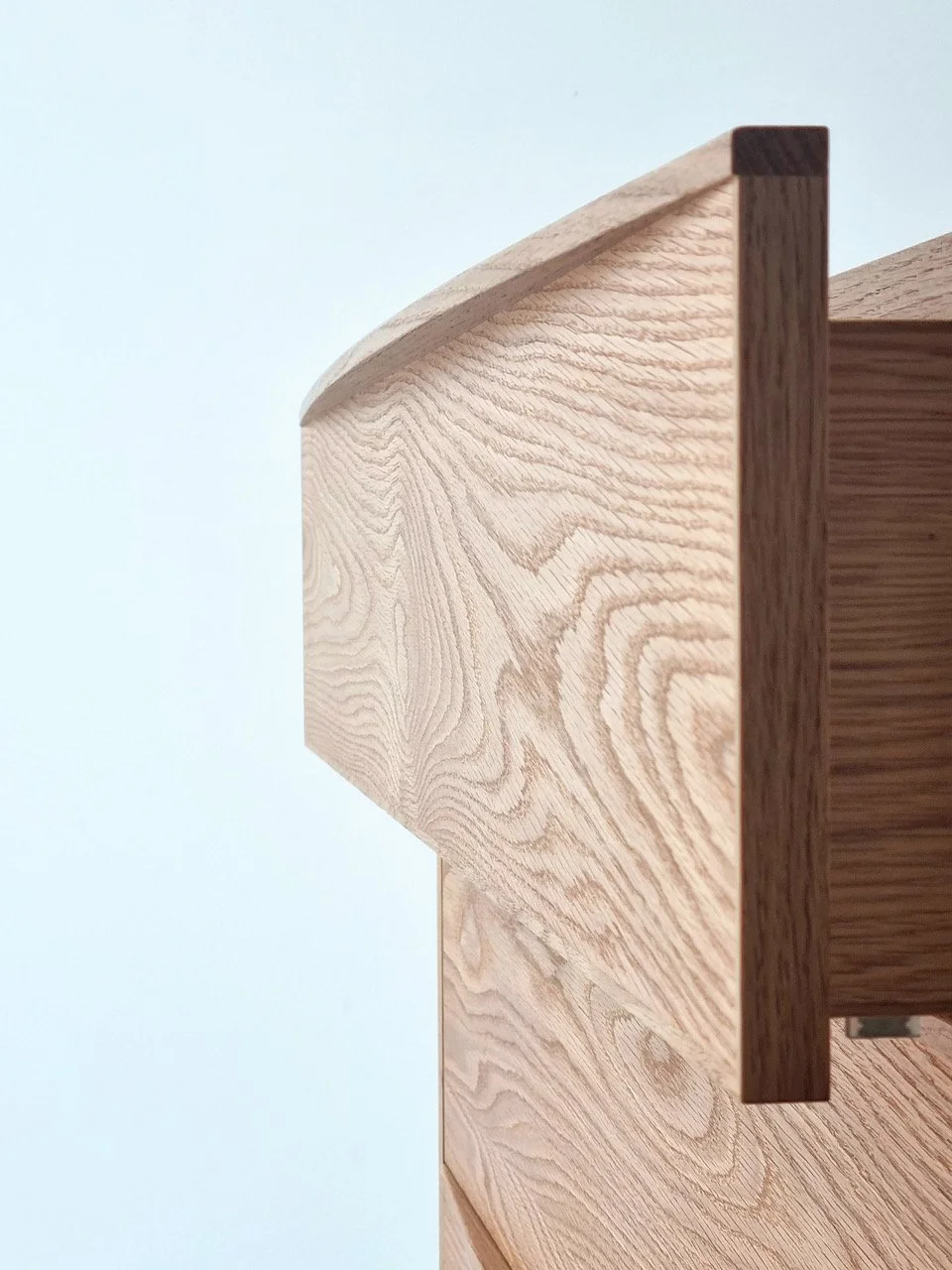 Hampden Chest of Drawers in American Oak - Nathan Day Design, close-up of top edge and side panel joinery