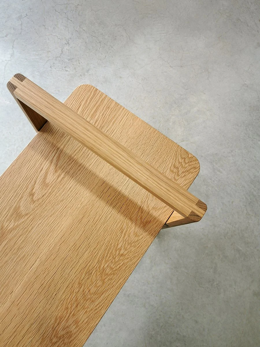 Mel Bench in American Oak, Nathan Day Design bespoke furniture - close-up grain and joinery detail, alternate angle