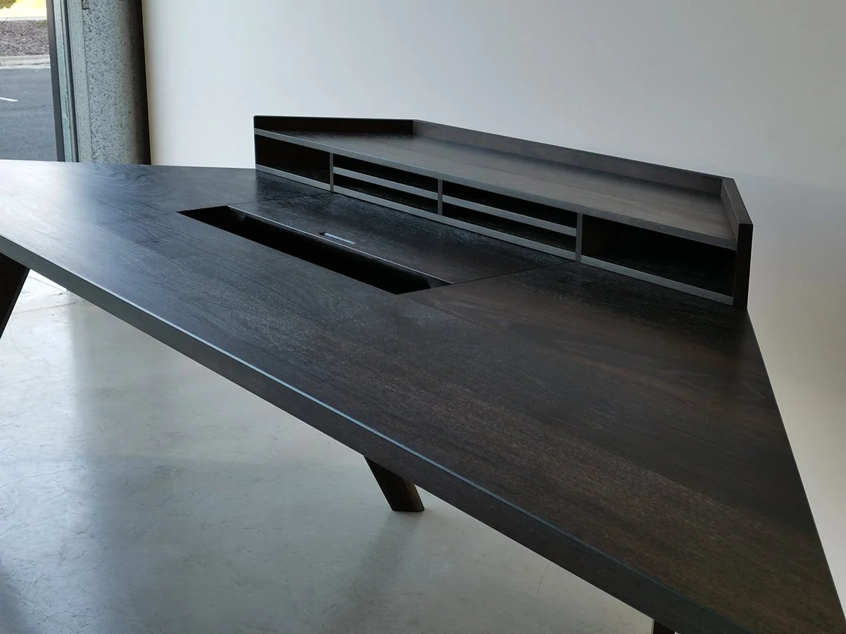 Vista St Desk in ebonised Tasmanian Blackwood, overhead view of raised cable organiser detail - Nathan Day Design