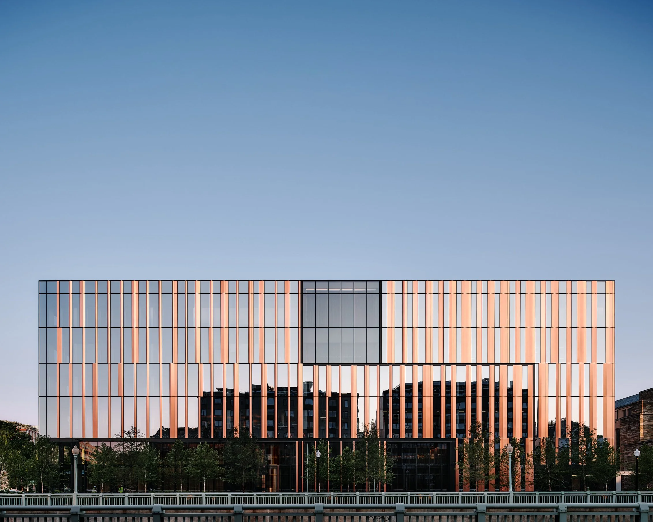 Australian Embassy Lecterns in Tasmanian Oak - Nathan Day Design, exterior view of Australian Embassy building facade at dusk
