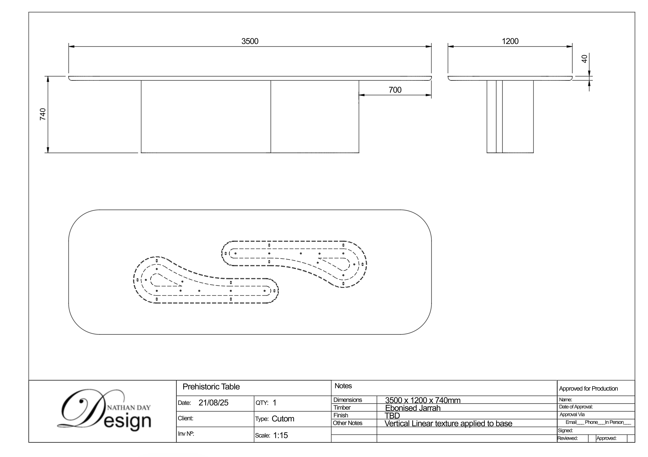 Technical shop drawing showing dimensions and details for a bespoke fluted-base dining table by Nathan Day Design