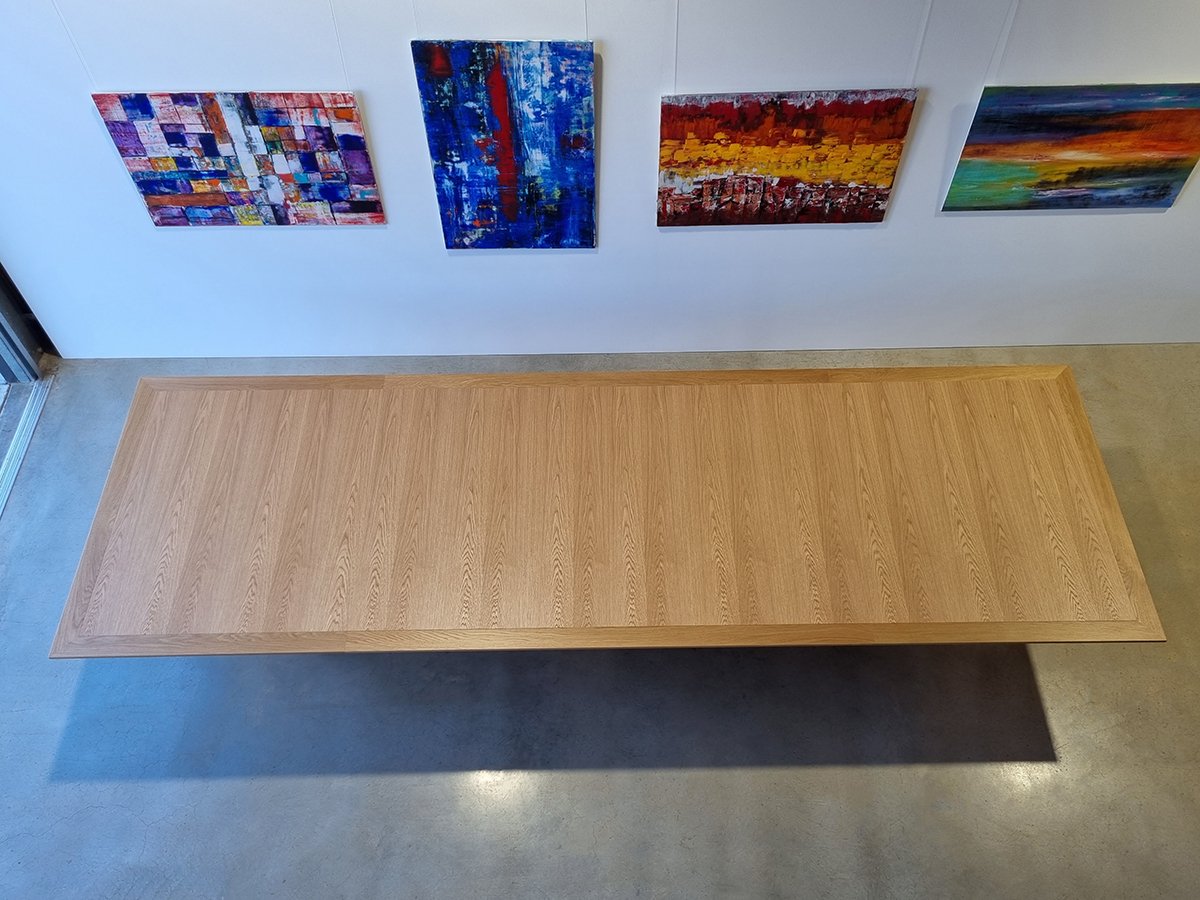 Rhodes House Boardroom Table in American Oak, trestle base design - Nathan Day Design, straight overhead top-down view of full tabletop