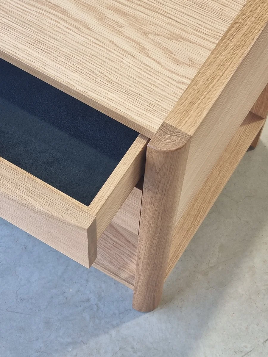 Hampden Twin Drawer Bedside in Walnut - Nathan Day Design, close-up of open drawer with felt-lined interior