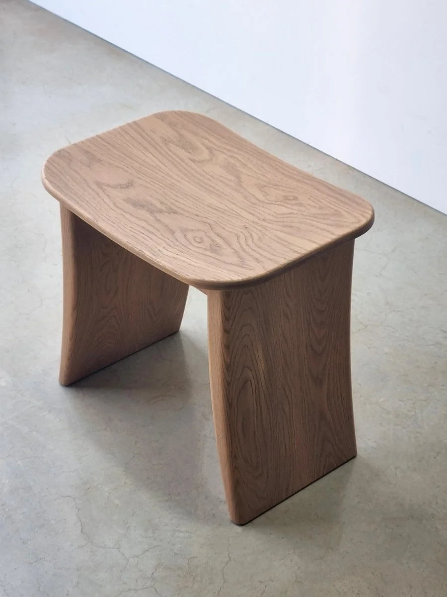 Jule's Stool in American Oak, Nathan Day Design bespoke furniture - angular slab leg design, side view