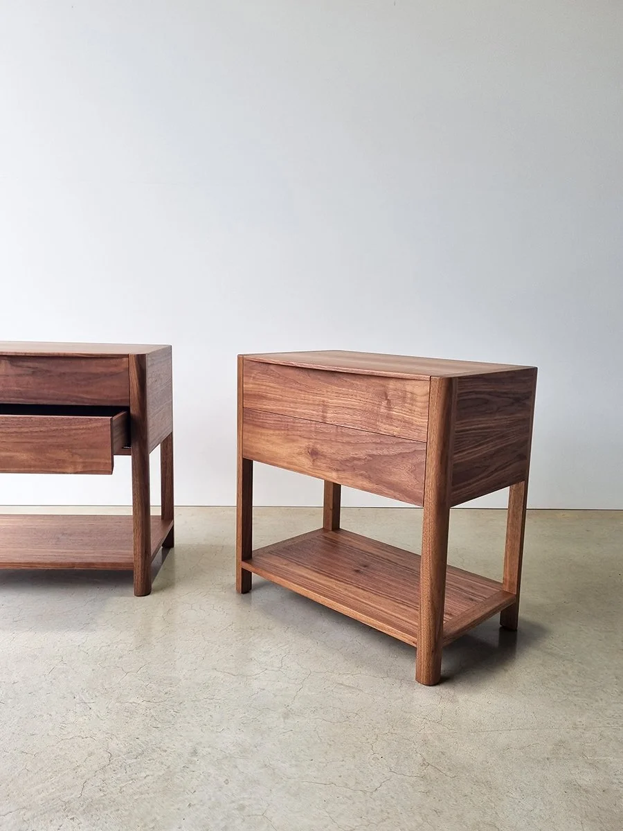 Hampden Twin Drawer Bedside in Walnut - Nathan Day Design, angled view of drawer front and lower shelf