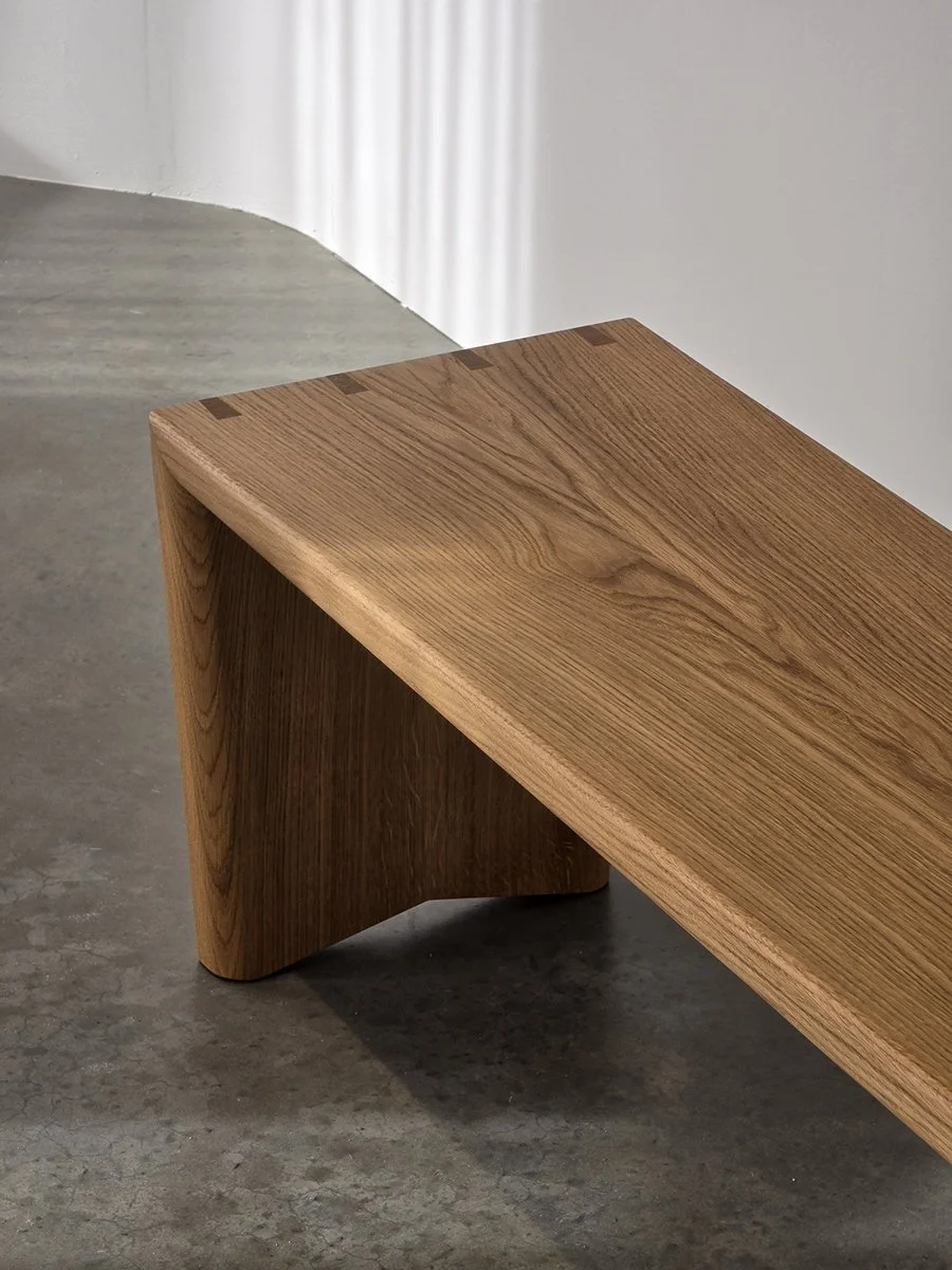 Dovetail Bench in American Oak with exposed dovetail joinery, Nathan Day Design - full length view