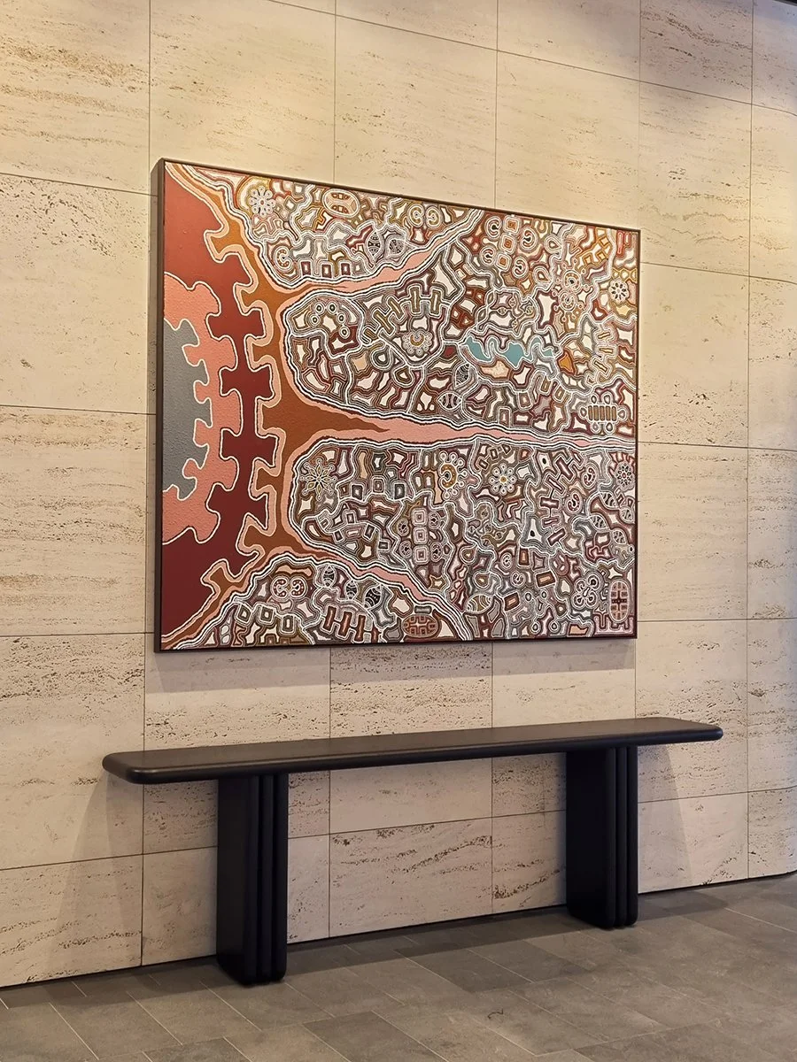 Walters Lobby Console in ebonised Walnut, full lifestyle install beneath artwork - Nathan Day Design