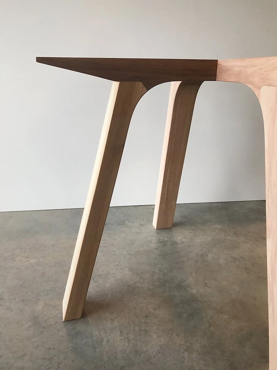 Longitude 131 custom furniture in Tasmanian Blackwood - Nathan Day Design, angled detail of splayed tapered table leg construction