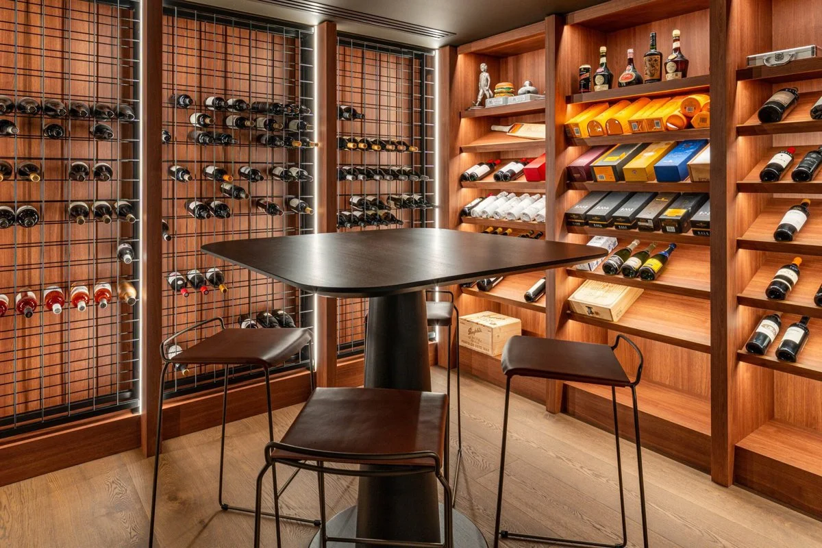 Majestic Cellar Table in ebonised Jarrah, lifestyle install in home wine cellar - Nathan Day Design