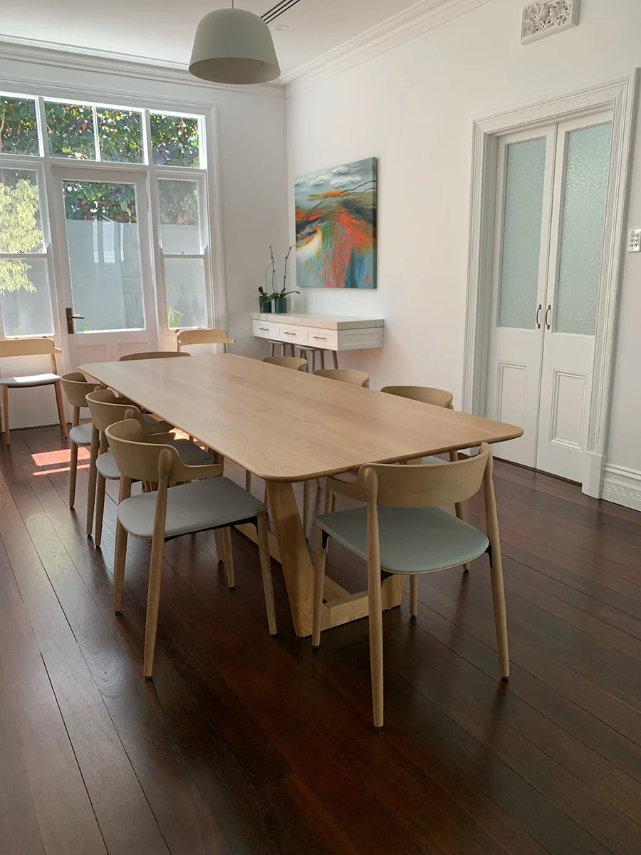 Botanical Table in American Oak styled in a heritage dining room with leadlight windows and dark timber floors, sage green chairs - bespoke furniture by Nathan Day Design