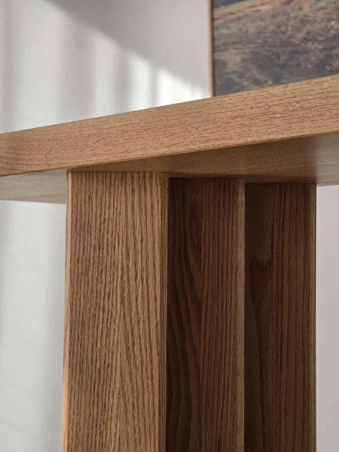 Prism Console in Red Oak, close-up of tabletop edge and leg joinery - Nathan Day Design