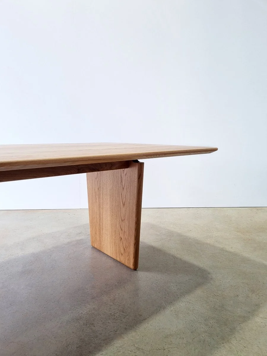 Full side view of the Morey Table in American Oak, showing the extension leaf join - Nathan Day Design