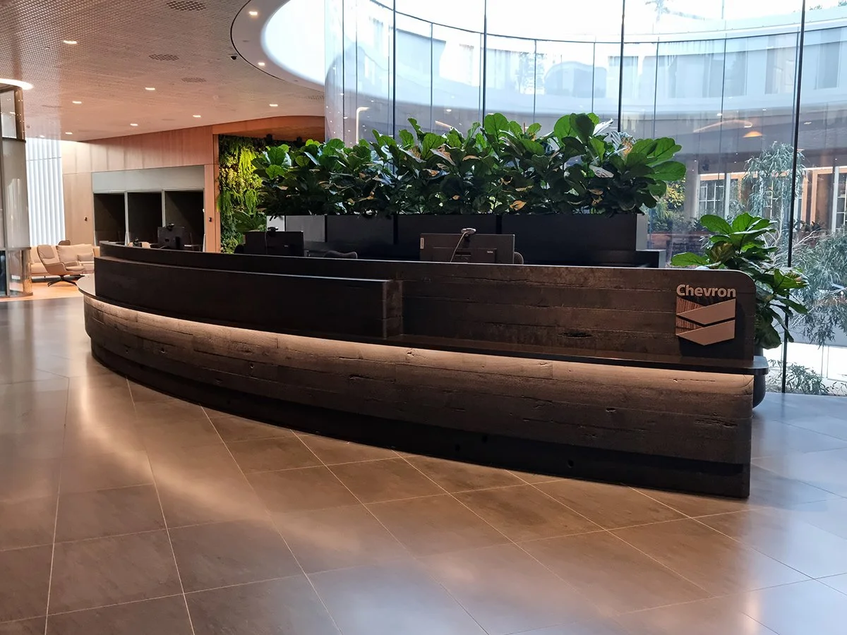 Reception Counter - One The Esplanade in scorched timber - Nathan Day Design, angled view of curved counter with Chevron branding