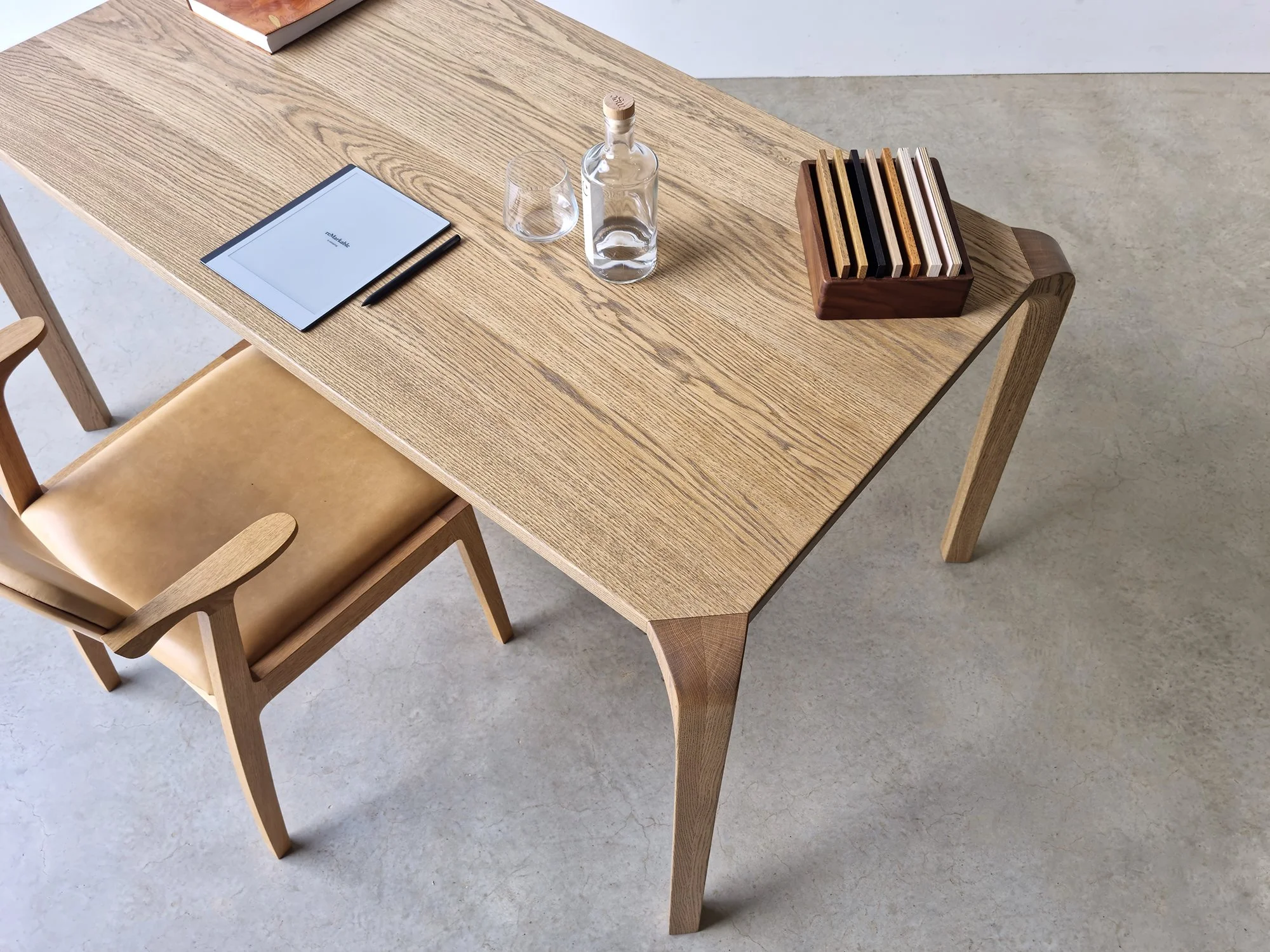 Araluen Desk in American and French Oak, overhead angled view of tabletop styling - Nathan Day Design