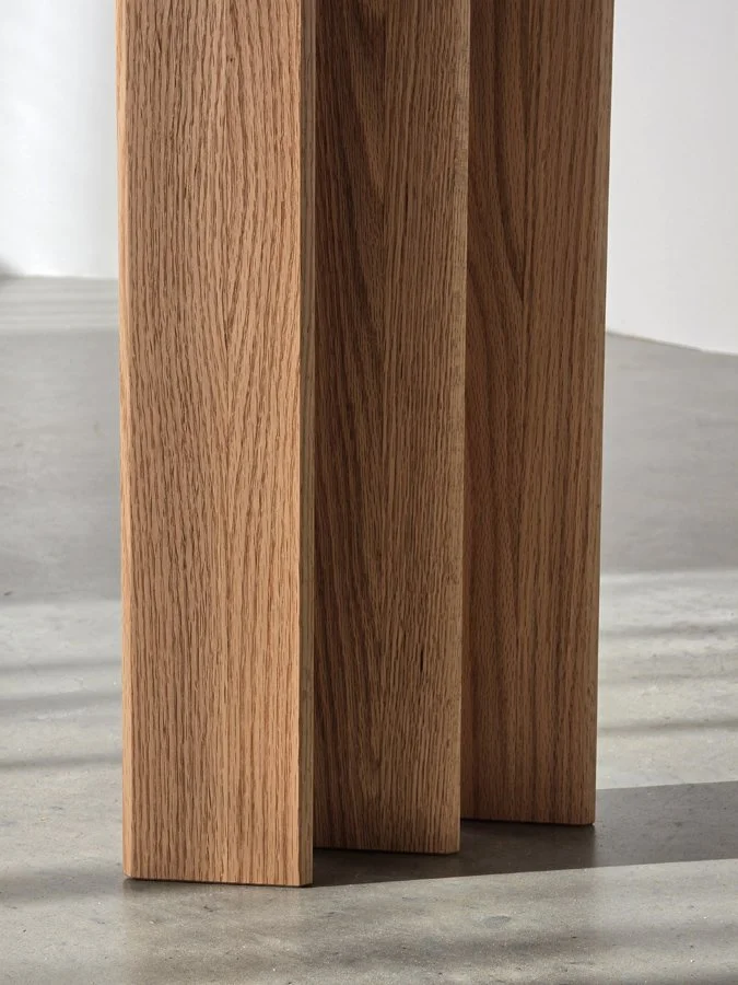 Prism Console in Red Oak, close-up detail of angular timber leg - Nathan Day Design