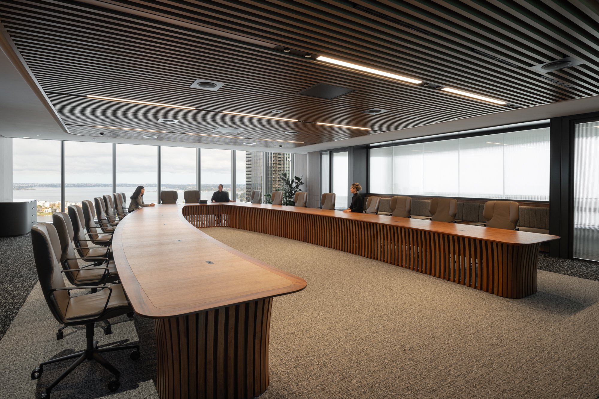 One - The Esplanade Boardroom Table in Australian Blackwood, fluted leg design - Nathan Day Design, full view in completed boardroom setting