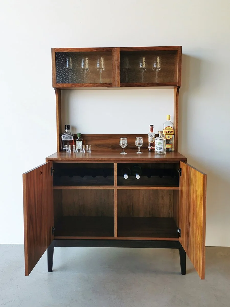 Jarvis Drinks Cabinet in Tasmanian Blackwood with ebonised base, full front view with lower cabinet doors open - Nathan Day Design
