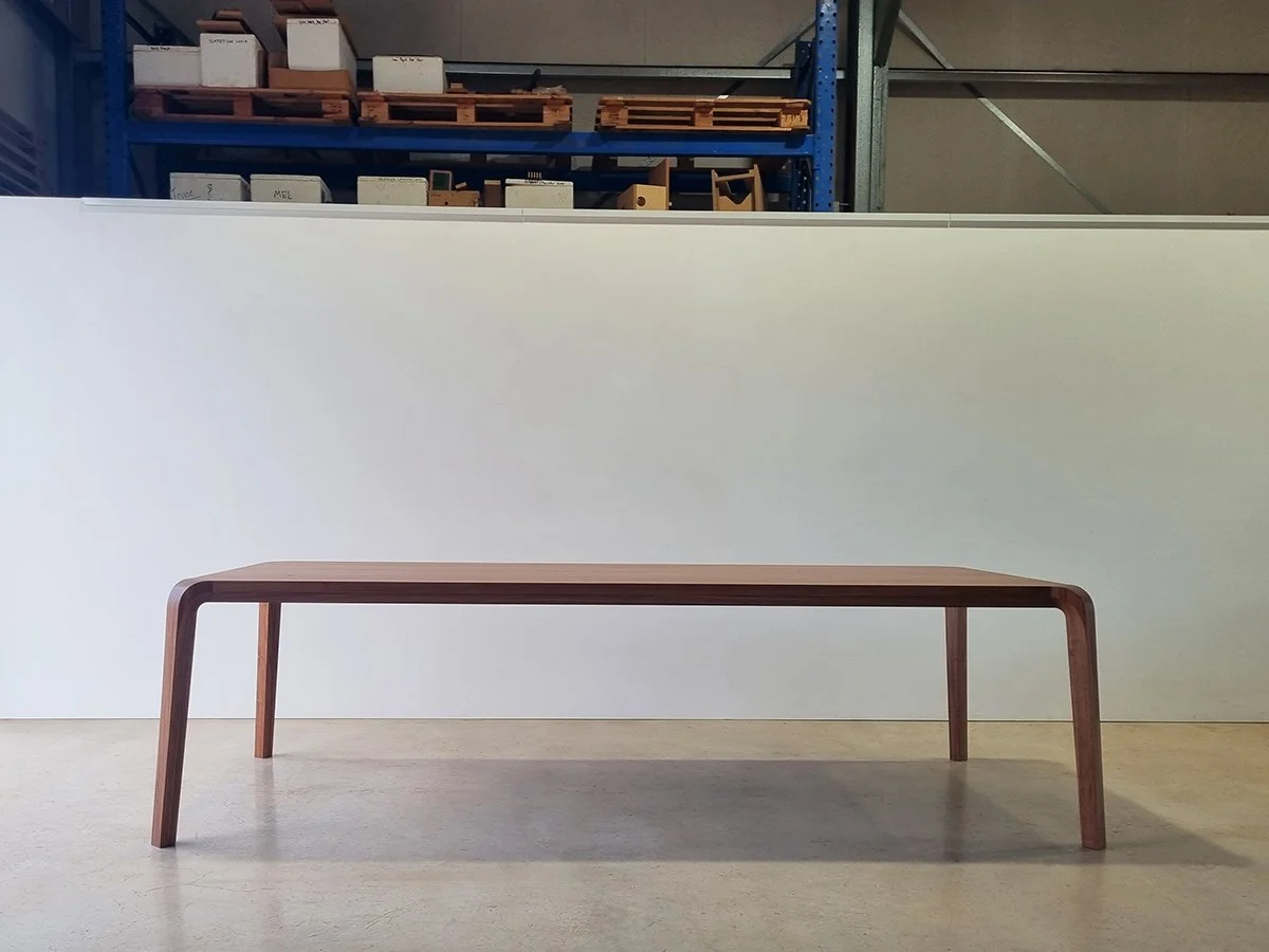 Araluen Desk in American and French Oak, full side view in workshop setting - Nathan Day Design
