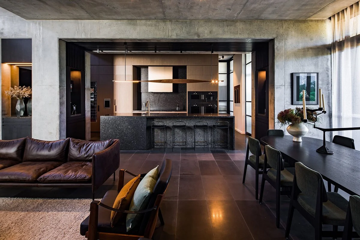 Ernest Pendant Light in Ash, elongated blade-form design - Nathan Day Design, lifestyle installation above dining table in residential setting