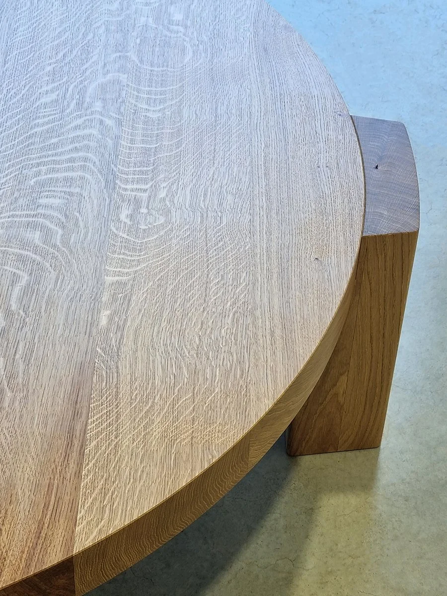 Detail of the Quindi Coffee Table's thick milled French Oak tabletop - bespoke furniture by Nathan Day Design