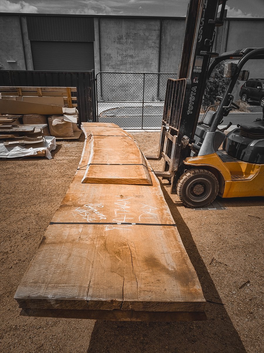 Long raw timber slabs marked out at the timber yard with forklift, selected for a live edge dining table - Nathan Day Design