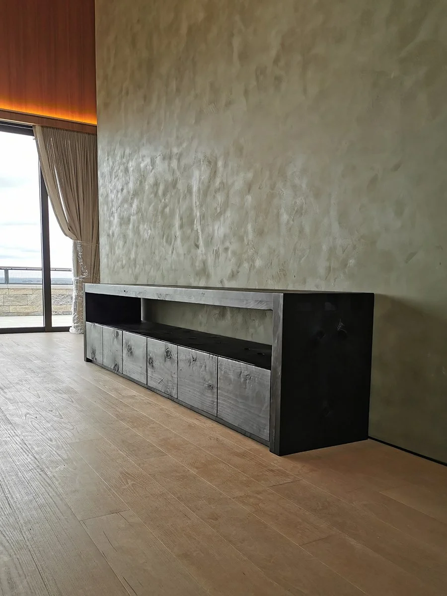 Scorched Buffet in scorched Norfolk Island Pine, full view in lifestyle living room setting - Nathan Day Design