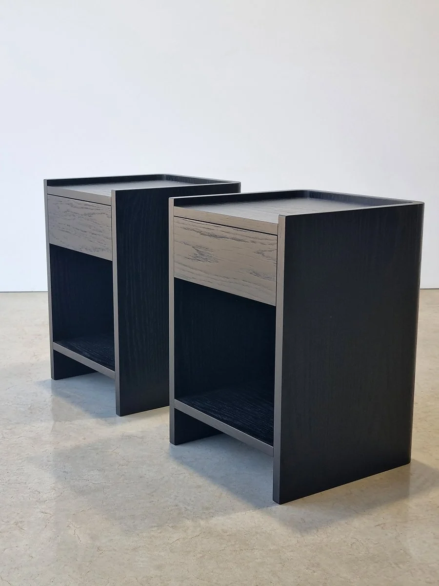 Majestic Close Bedside Table in ebonised Oak - Nathan Day Design, pair of tables in studio showing rounded corner design