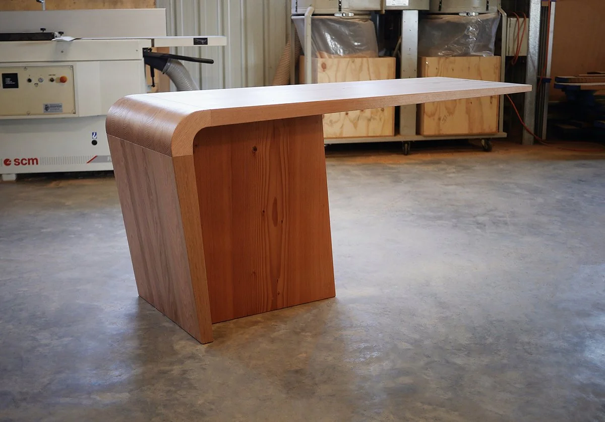 St John Midland Liturgical Furniture in salvaged Oregon Pine - Nathan Day Design, side view of waterfall-edge altar table in workshop