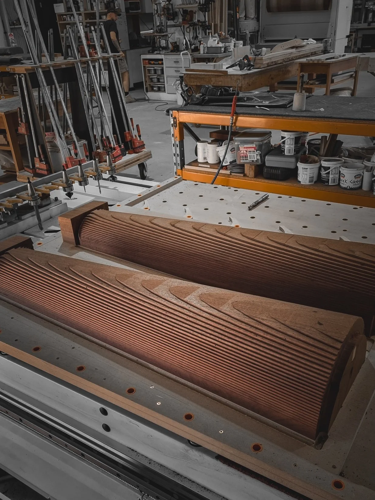 Freshly machined fluted timber component on the workbench, part of a bespoke Nathan Day Design piece
