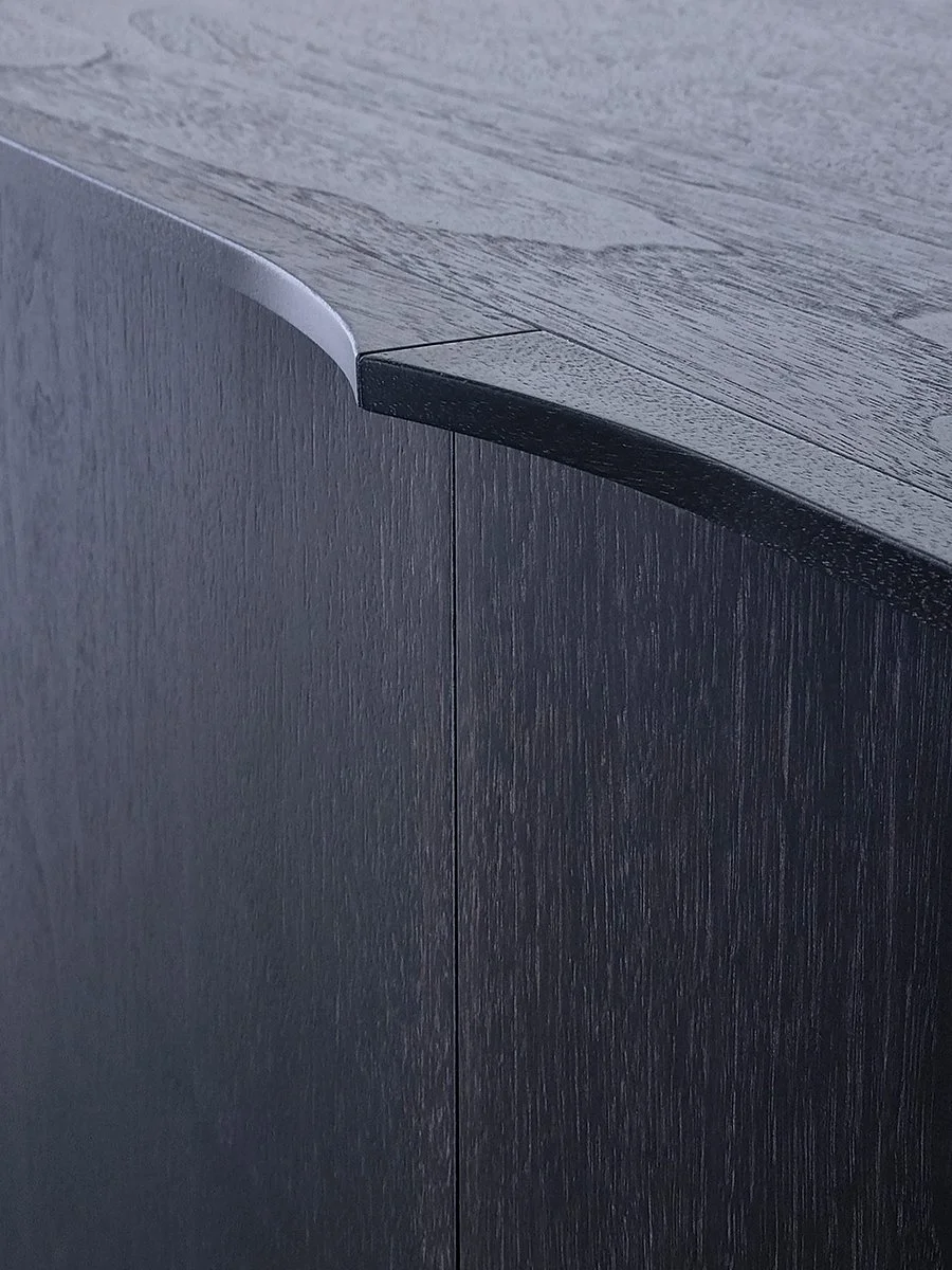 Honeycombs Cabinet in ebonised Walnut, close-up detail of top edge and grain, alternate angle - Nathan Day Design