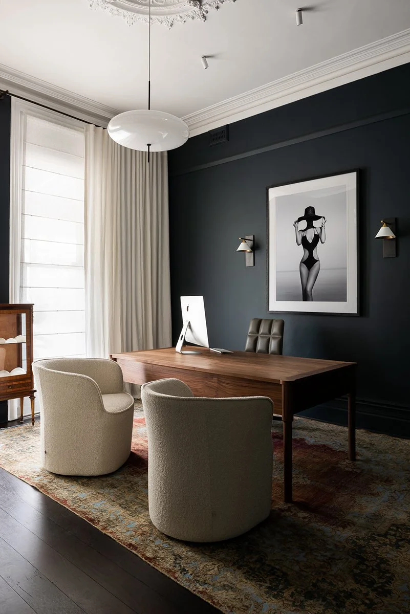 Ventnor Ave Desk in American Walnut, multi-drawer executive design, lifestyle office setting - Nathan Day Design