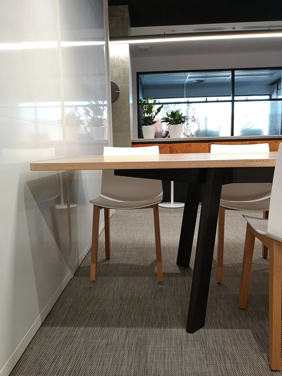 DWER custom furniture in WA Blackbutt - Nathan Day Design, small two-seat meeting table beside glass partition