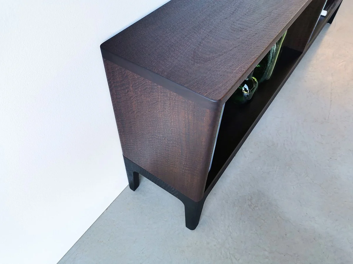 Sally's Bookcase, close-up corner detail showing scorched Jarrah surface texture - Nathan Day Design bespoke furniture