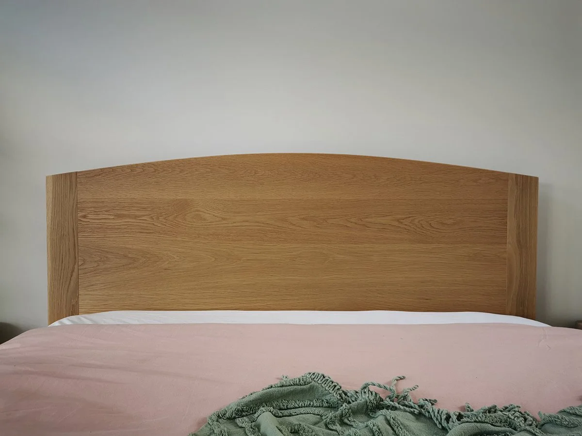 Quindalup Bed in American Oak - Nathan Day Design, front view of curved headboard design