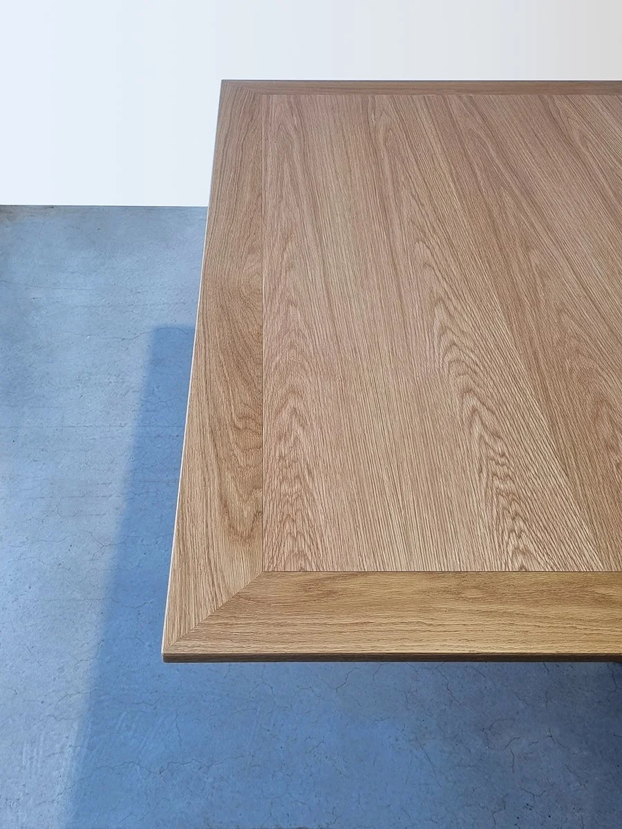 Rhodes House Boardroom Table in American Oak, trestle base design - Nathan Day Design, raw timber material sample corner detail before assembly