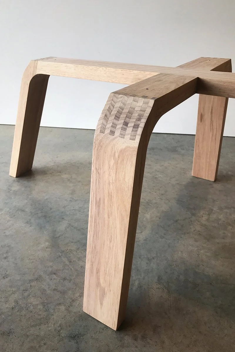 Longitude 131 custom furniture in Tasmanian Blackwood - Nathan Day Design, sculptural bench with elegant curved bent-leg joinery