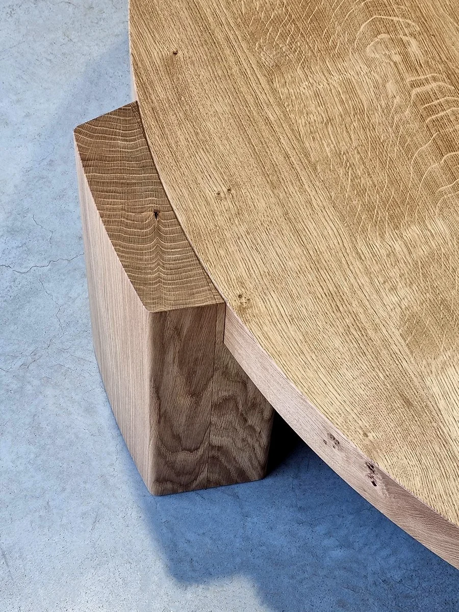 Corner detail of the Quindi Coffee Table's French Oak tabletop - bespoke furniture by Nathan Day Design, Dunsborough WA