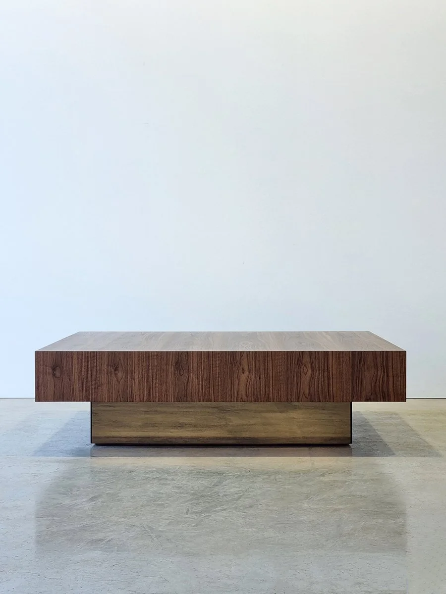 Parker St Coffee Table in American Walnut with bronze mirror base, front studio view - bespoke furniture by Nathan Day Design