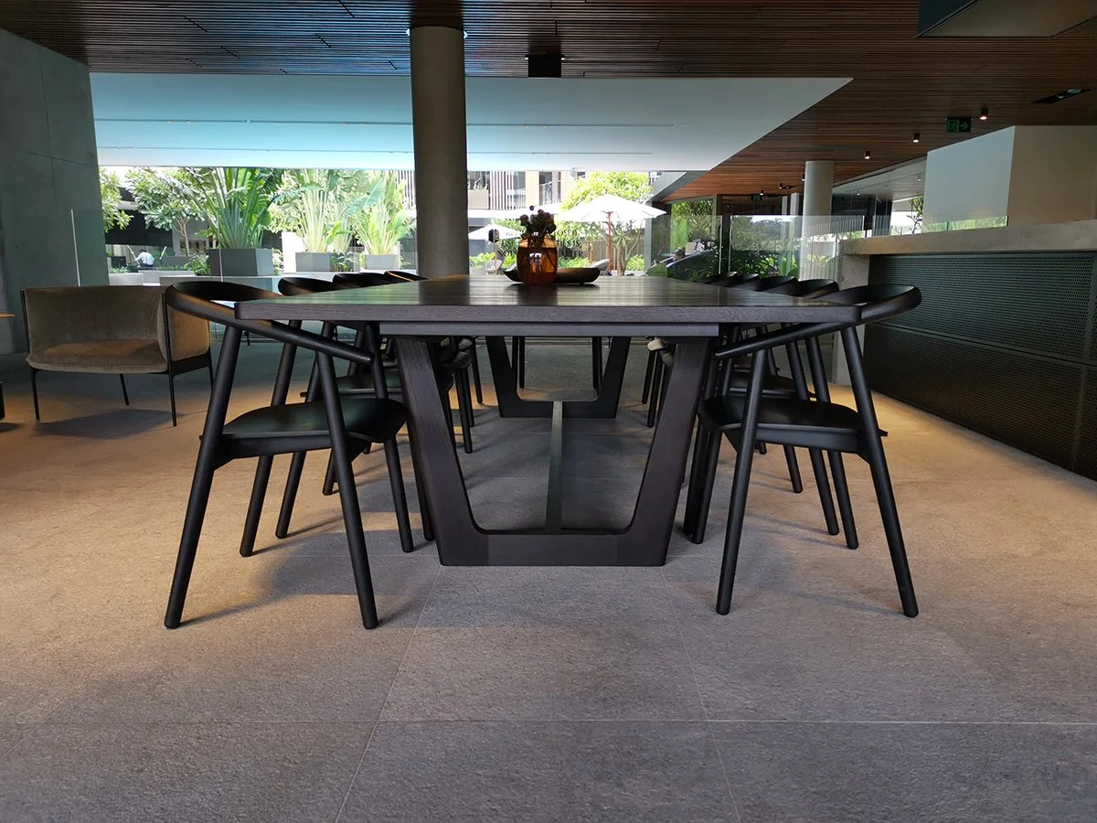 Eden Outdoor Table in ebonised timber - Nathan Day Design, overview shot with full table and chair set in covered dining area