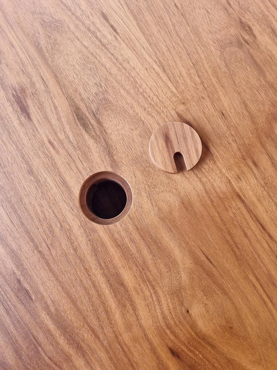 Araluen Desk in American and French Oak, close-up of natural knot in timber grain - Nathan Day Design