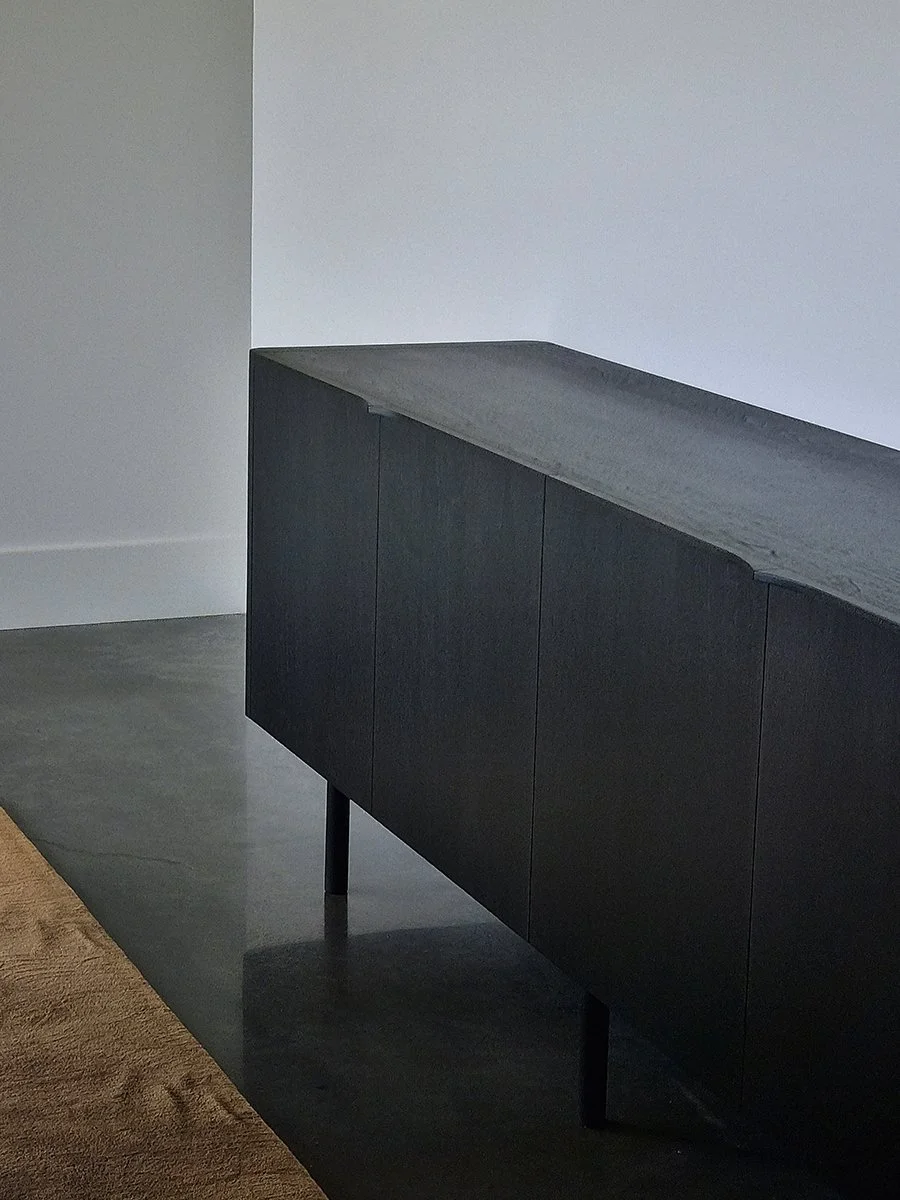 Honeycombs Cabinet in ebonised Walnut, close-up corner and side profile detail in studio setting - Nathan Day Design