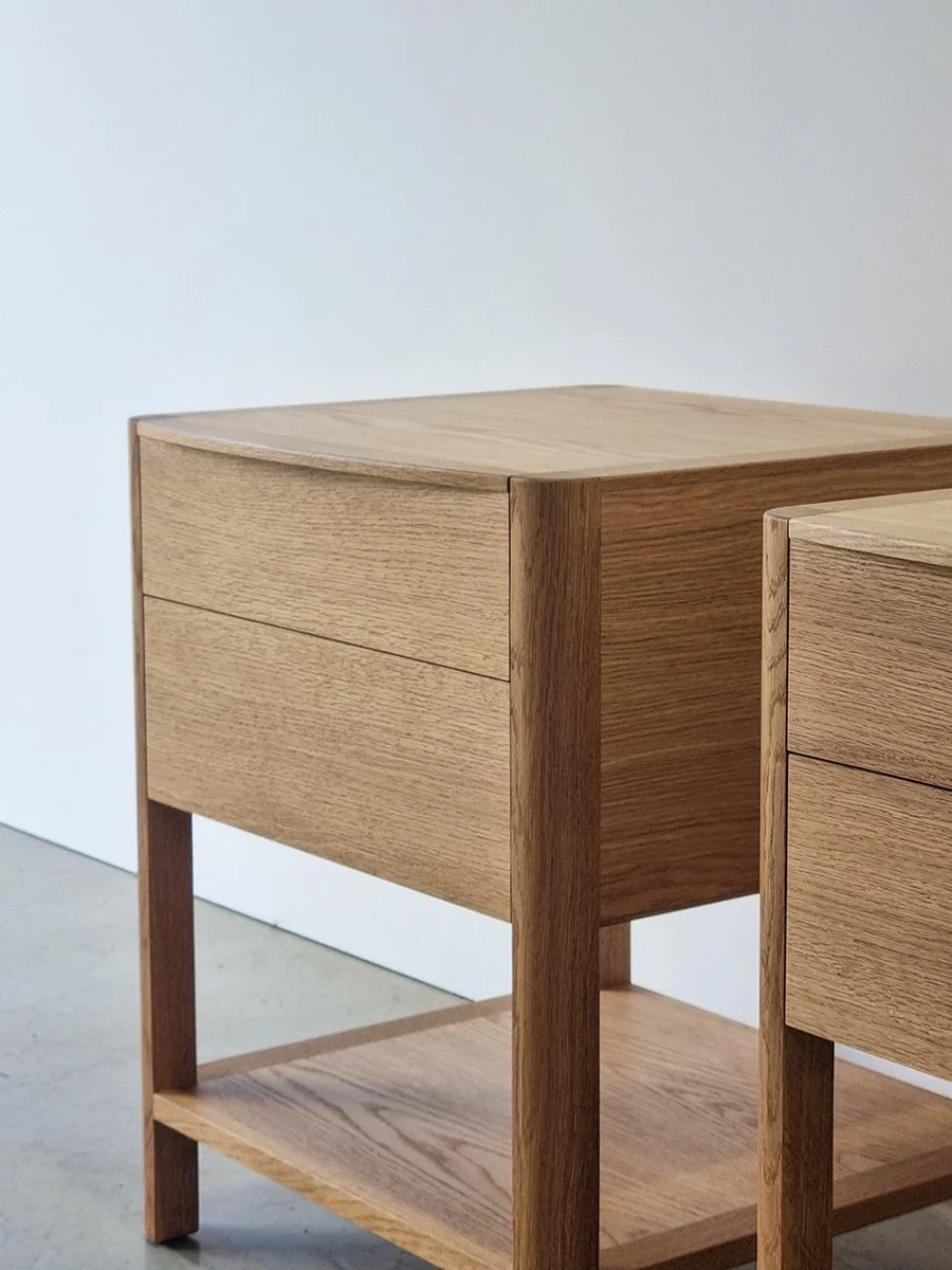Hampden Twin Drawer Bedside in Walnut - Nathan Day Design, light Oak finish variant angled view